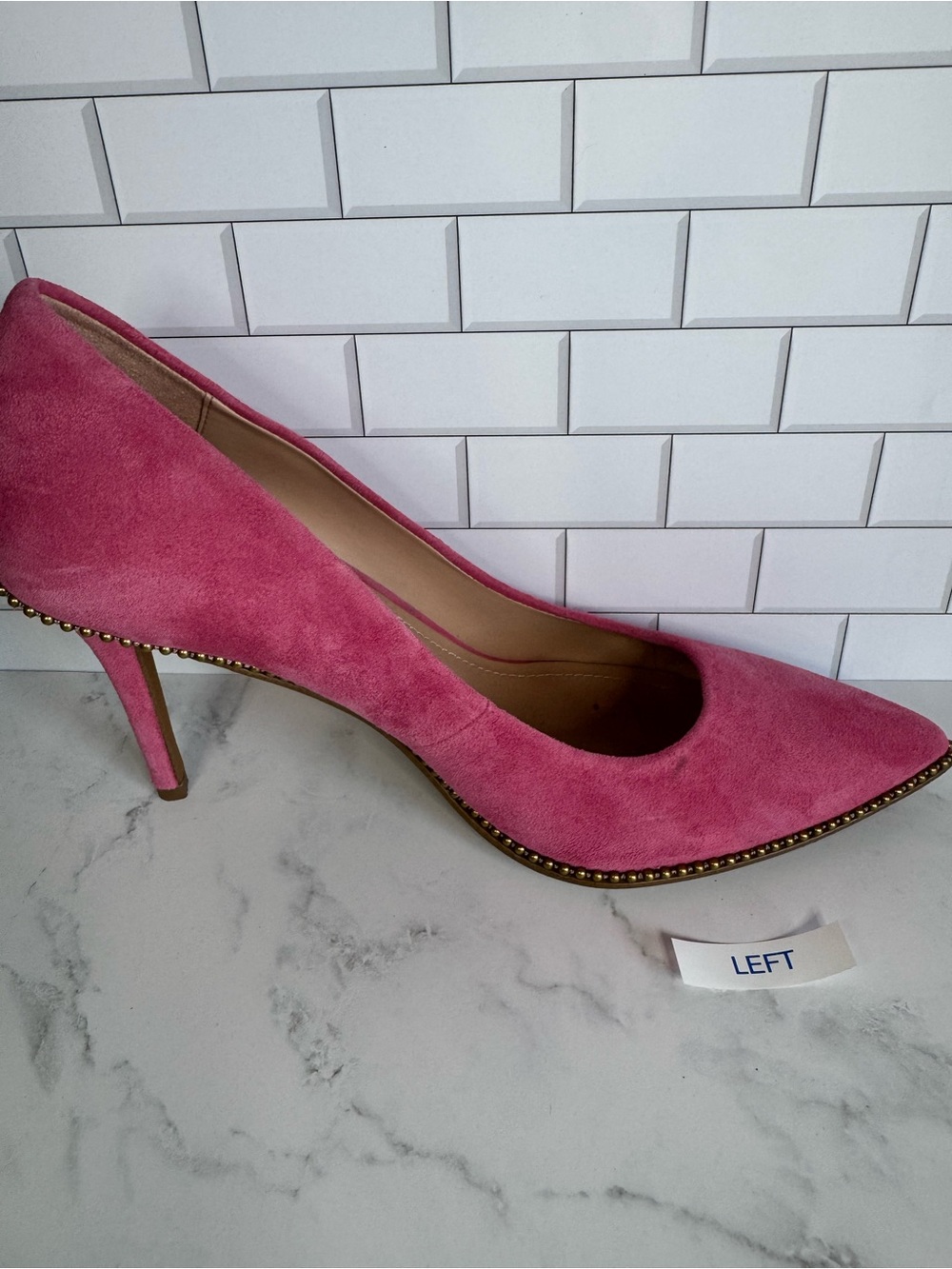 COACH Pink Suede Pointed Toe Pumps with Brass Studded Trim. - Picture 6 of 12